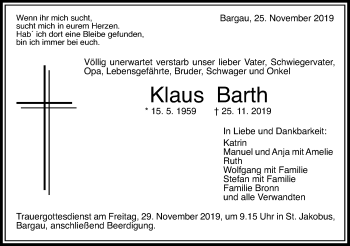 Traueranzeige von Klaus Barth von Gmünder Tagespost