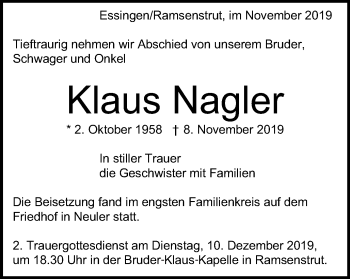Traueranzeige von Klaus Nagler von Schwäbische Post