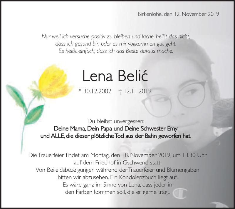  Traueranzeige für Lena Belic vom 15.11.2019 aus Gmünder Tagespost