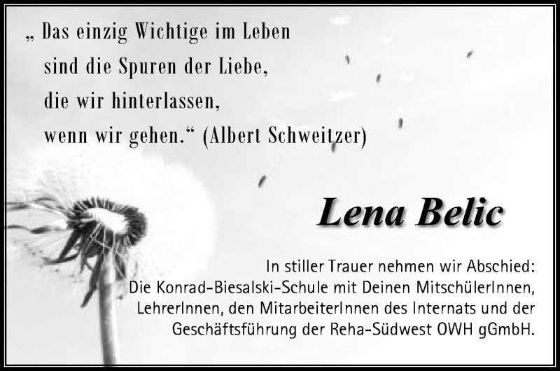 Traueranzeige für Lena Belic vom 15.11.2019 aus Gmünder Tagespost