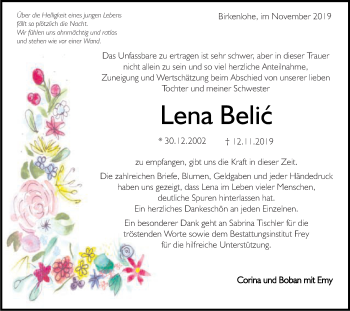 Traueranzeige von Lena Belic von Gmünder Tagespost