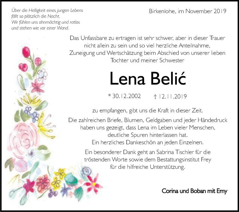  Traueranzeige für Lena Belic vom 30.11.2019 aus Gmünder Tagespost