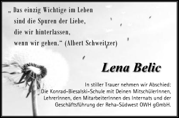 Traueranzeige von Lena Belic von Gmünder Tagespost