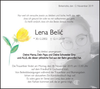 Traueranzeige von Lena Belic von Gmünder Tagespost