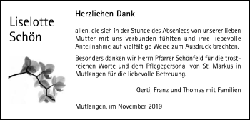 Traueranzeige von Liselotte Schön  von Gmünder Tagespost