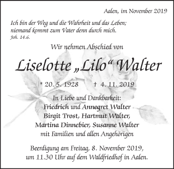 Traueranzeige von Liselotte Lilo Walter von Schwäbische Post