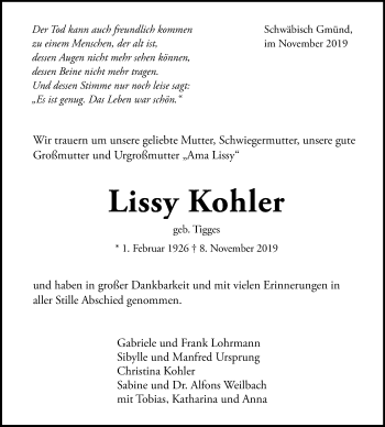 Traueranzeige von Lissy Kohler von Gmünder Tagespost