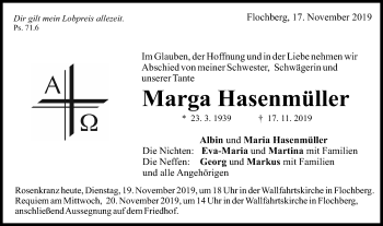 Traueranzeige von Marga Hasenmüller von Schwäbische Post