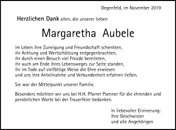 Traueranzeige von Margaretha Aubele von Gmünder Tagespost