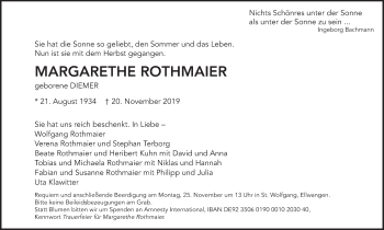 Traueranzeige von Margarethe Rothmaier von Schwäbische Post