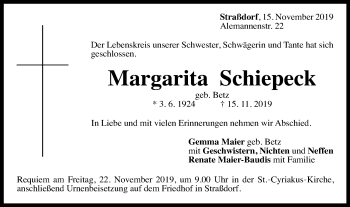 Traueranzeige von Margarita Schiepeck von Gmünder Tagespost