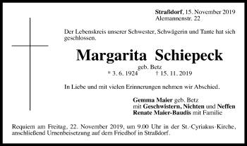 Traueranzeige von Margarita Schiepeck