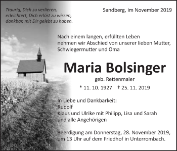 Traueranzeige von Maria Bolsinger von Schwäbische Post