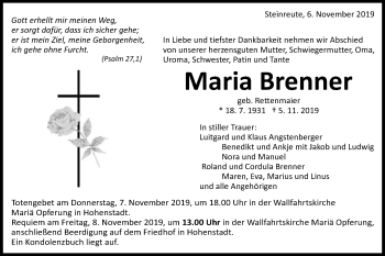 Traueranzeige von Maria Brenner von Schwäbische Post