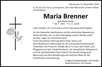 Traueranzeige von Maria Brenner von Kocher-Lein-Bote