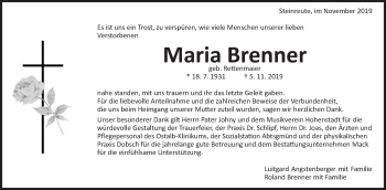 Traueranzeige von Maria Brenner von Schwäbische Post