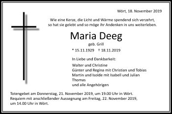 Traueranzeige von Maria Deeg von Schwäbische Post