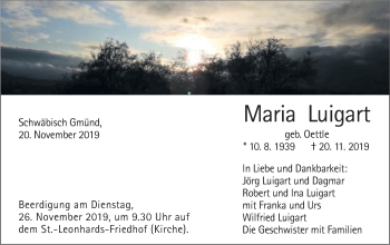 Traueranzeige von Maria Luigart von Gmünder Tagespost