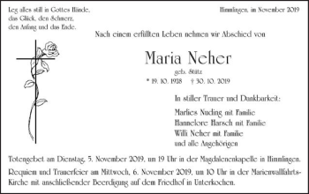 Traueranzeige von Maria Neher von Schwäbische Post