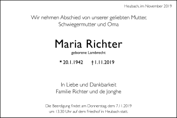 Traueranzeige von Maria Richter von Gmünder Tagespost