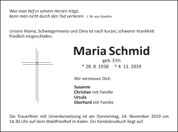 Traueranzeige von Maria Schmid von Schwäbische Post