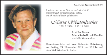 Traueranzeige von Maria Weidenbacher von Schwäbische Post