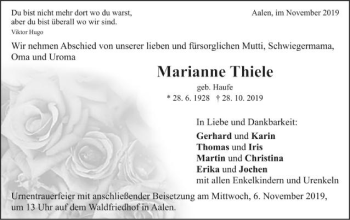 Traueranzeige von Marianne Thiele von Schwäbische Post