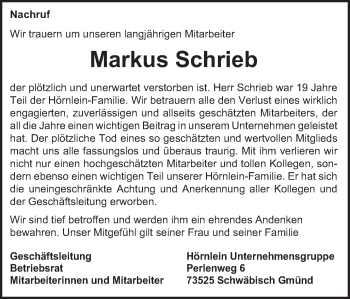 Traueranzeige von Markus Schrieb von Gmünder Tagespost