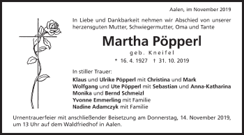 Traueranzeige von Martha Pöpperl von Schwäbische Post