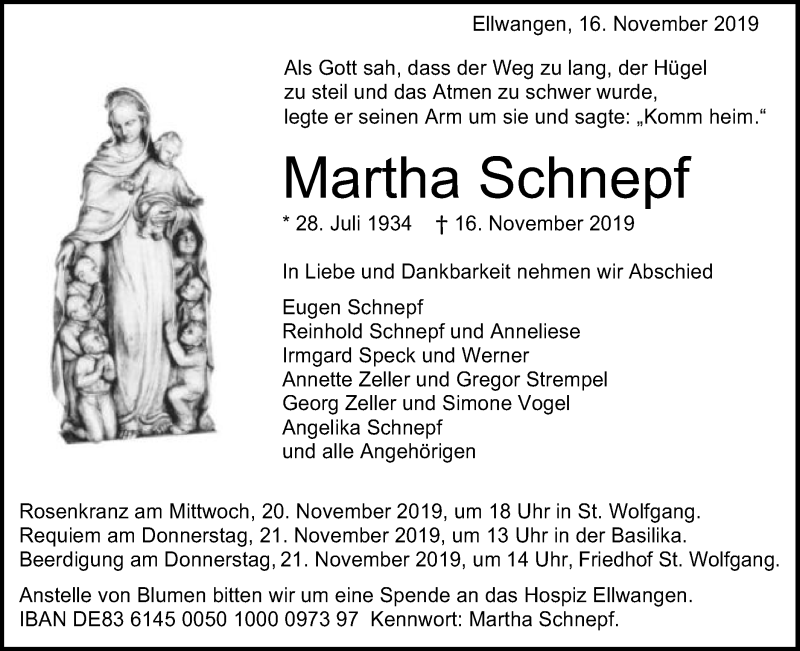  Traueranzeige für Martha Schnepf vom 19.11.2019 aus Schwäbische Post
