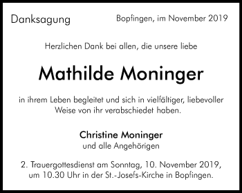 Traueranzeige von Mathilde Moninger von Schwäbische Post