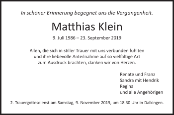Traueranzeige von Matthias Klein von Schwäbische Post