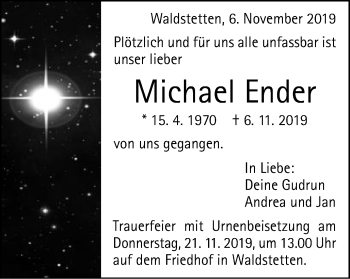 Traueranzeige von Michael Ender von Gmünder Tagespost