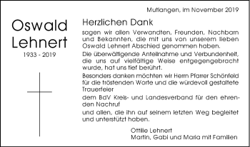 Traueranzeige von Oswald Lehnert von Gmünder Tagespost