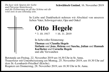 Traueranzeige von Otto Hegele von Gmünder Tagespost