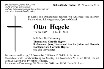 Traueranzeige von Otto Hegele