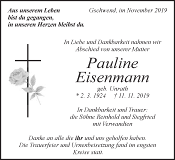 Traueranzeige von Pauline Eisenmann von Gmünder Tagespost