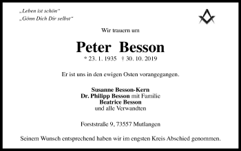 Traueranzeige von Peter Besson von Gmünder Tagespost