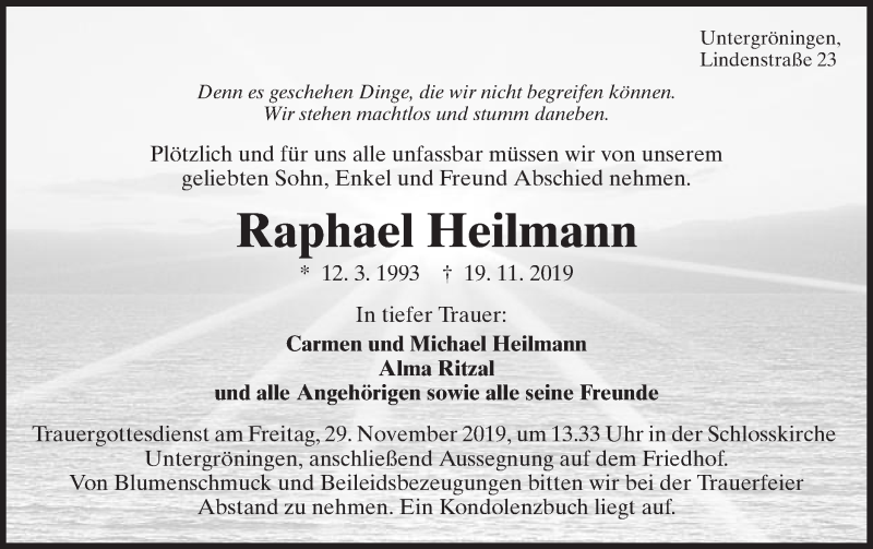  Traueranzeige für Raphael Heilmann vom 26.11.2019 aus Schwäbische Post