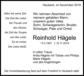 Traueranzeige von Reinhold Hägele von Gmünder Tagespost