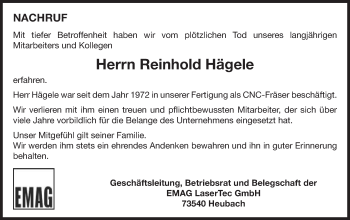 Traueranzeige von Reinhold Hägele von Gmünder Tagespost