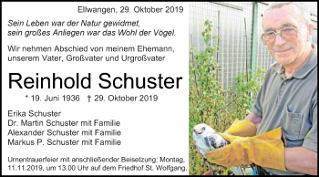 Traueranzeige von Reinhold Schuster von Schwäbische Post