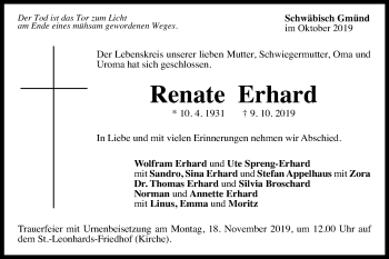Traueranzeige von Renate Erhard von Gmünder Tagespost