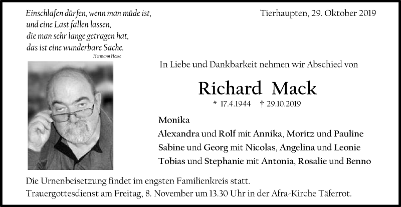  Traueranzeige für Richard Mack  vom 05.11.2019 aus Gmünder Tagespost