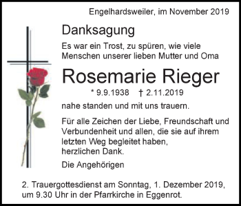 Traueranzeige von Rosemarie Rieger von Schwäbische Post