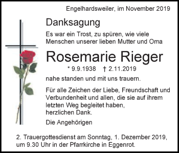 Traueranzeige von Rosemarie Rieger