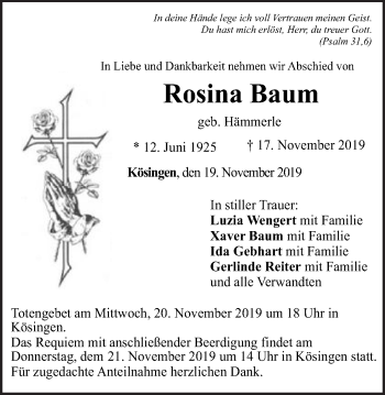 Traueranzeige von Rosina Baum von Schwäbische Post