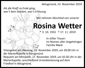 Traueranzeige von Rosina Wetter von Schwäbische Post
