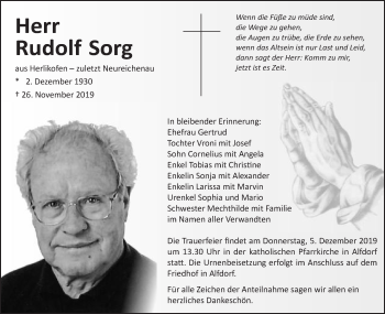 Traueranzeige von Rudolf Sorg von Gmünder Tagespost