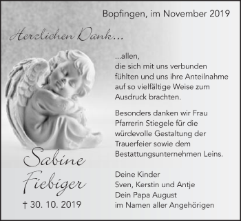 Traueranzeige von Sabine Fiebiger von Bopfinger Stadtanzeiger